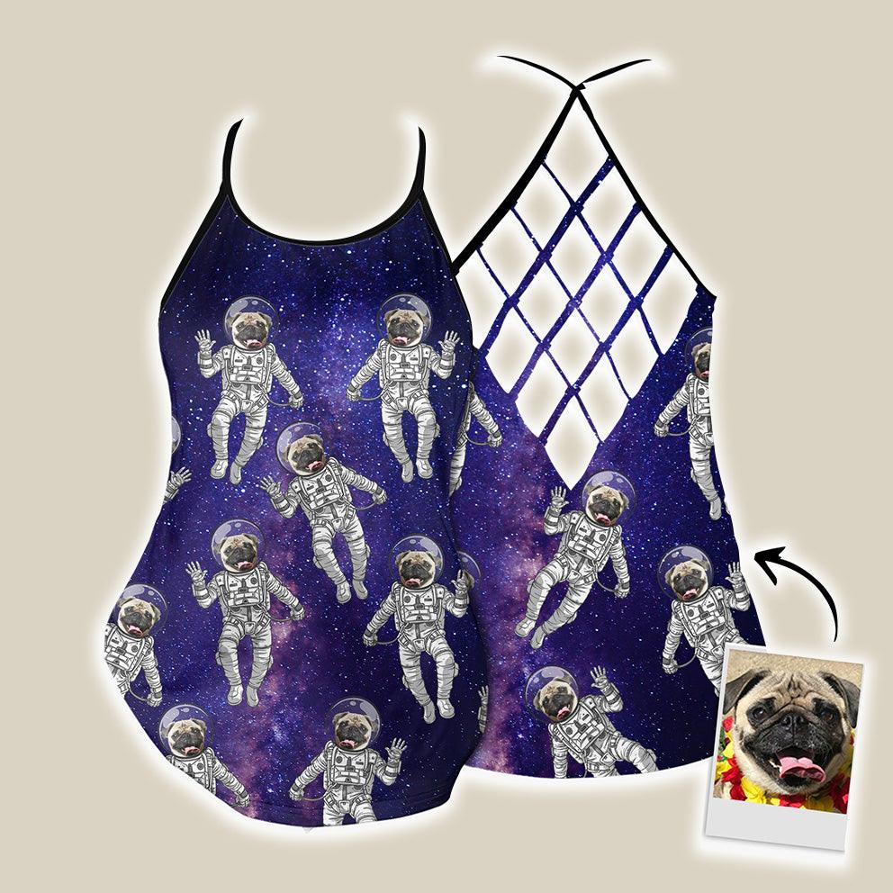 Customized Criss Cross Tank Top With Pet Face - Space Galaxy Pattern Open Back Tank Top - Gift For Women, Pet Lovers - Amzanimalsgift
