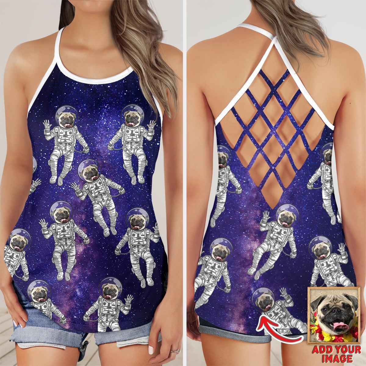 Customized Criss Cross Tank Top With Pet Face - Space Galaxy Pattern Open Back Tank Top - Gift For Women, Pet Lovers - Amzanimalsgift