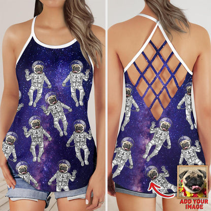 Customized Criss Cross Tank Top With Pet Face - Space Galaxy Pattern Open Back Tank Top - Gift For Women, Pet Lovers - Amzanimalsgift