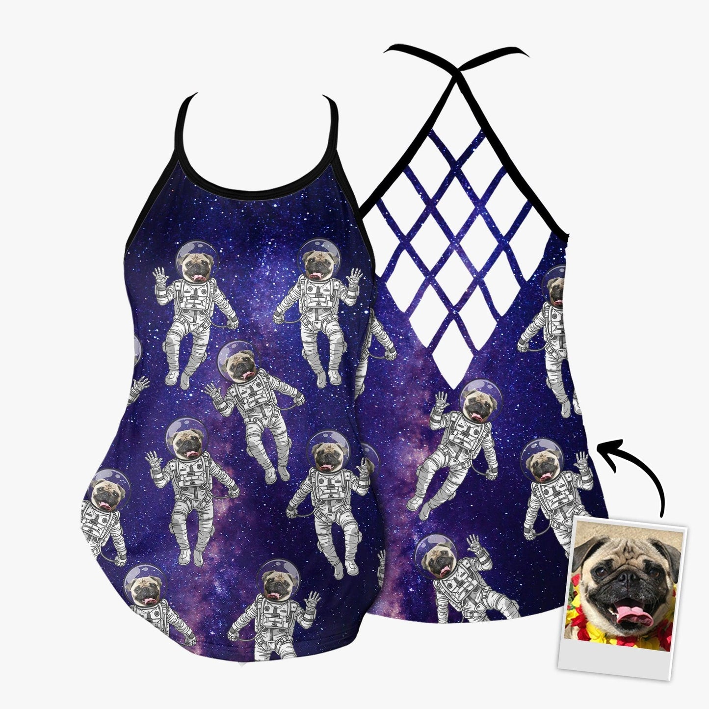 Customized Criss Cross Tank Top With Pet Face - Space Galaxy Pattern Open Back Tank Top - Gift For Women, Pet Lovers - Amzanimalsgift