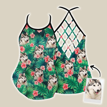 Customized Criss Cross Tank Top With Pet Face - Tropical Floral And Leaves Criss Cross Open Back Tank Top - Gift For Women, Pet Lovers - Amzanimalsgift