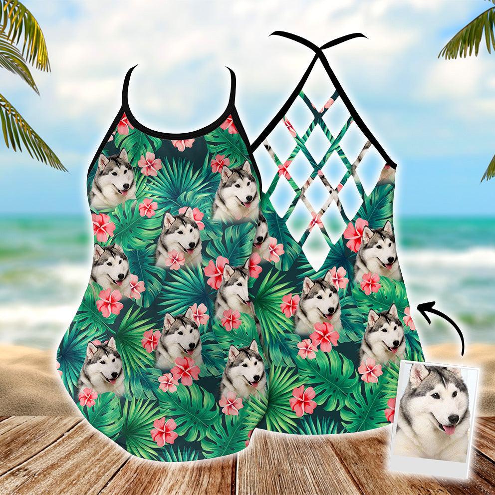 Customized Criss Cross Tank Top With Pet Face - Tropical Floral And Leaves Criss Cross Open Back Tank Top - Gift For Women, Pet Lovers - Amzanimalsgift