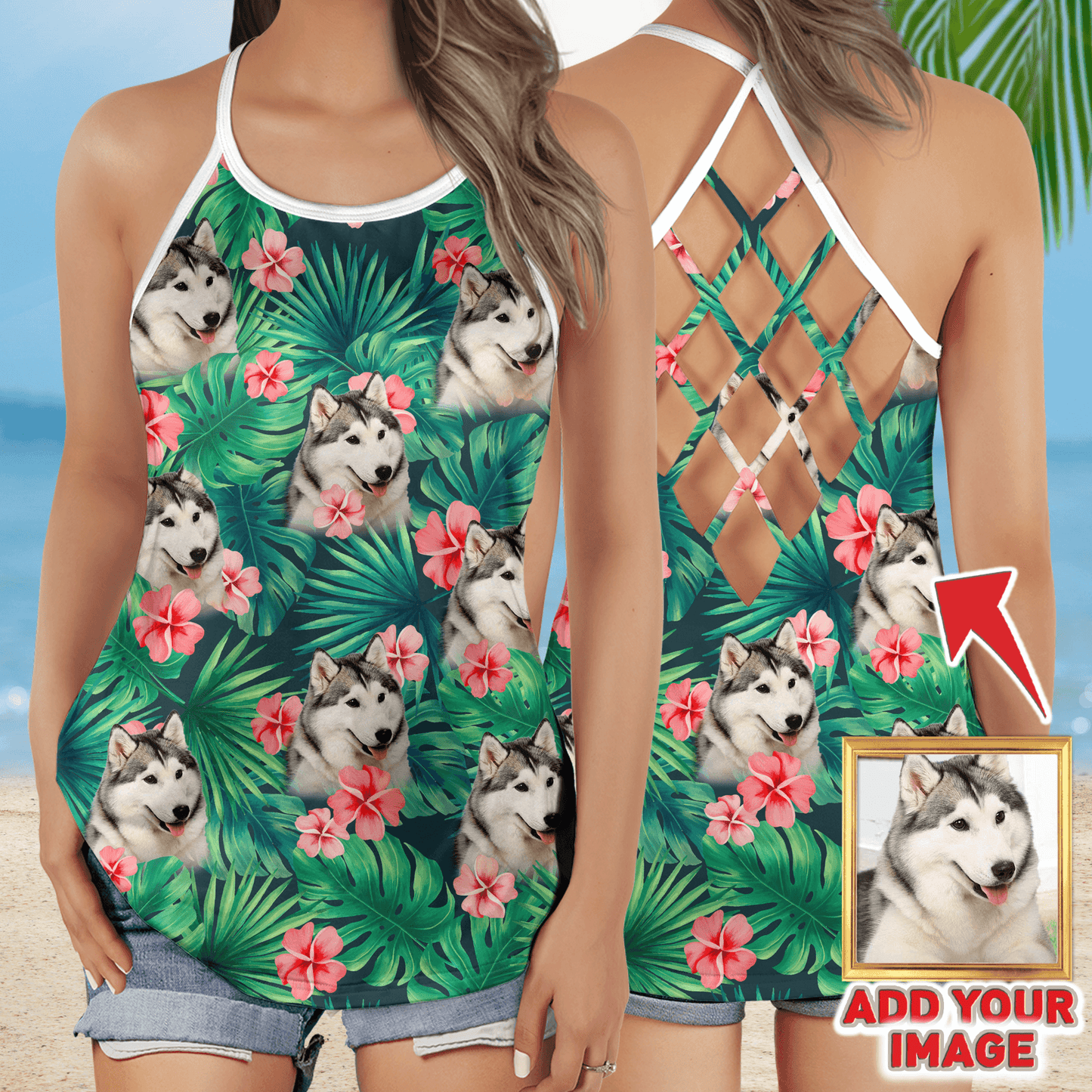 Customized Criss Cross Tank Top With Pet Face - Tropical Floral And Leaves Criss Cross Open Back Tank Top - Gift For Women, Pet Lovers - Amzanimalsgift
