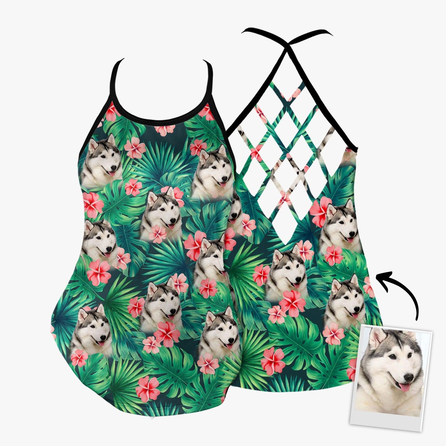 Customized Criss Cross Tank Top With Pet Face - Tropical Floral And Leaves Criss Cross Open Back Tank Top - Gift For Women, Pet Lovers - Amzanimalsgift