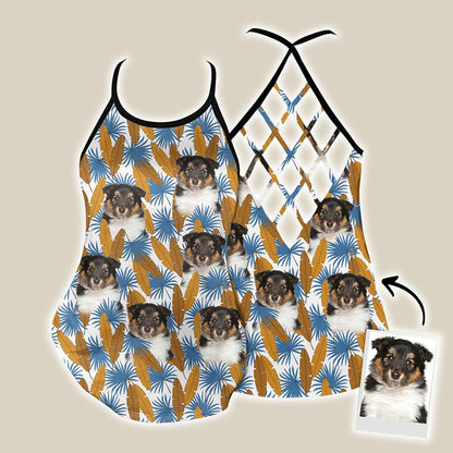 Customized Criss Cross Tank Top With Pet Face - Tropical Gold & Blue Leaves Open Back Tank Top - Gift For Women, Pet Lovers, Puppy Lovers - Amzanimalsgift