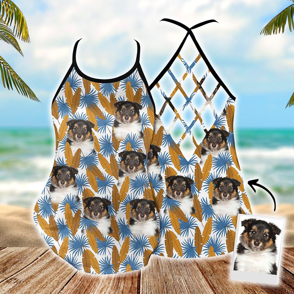 Customized Criss Cross Tank Top With Pet Face - Tropical Gold & Blue Leaves Open Back Tank Top - Gift For Women, Pet Lovers, Puppy Lovers - Amzanimalsgift