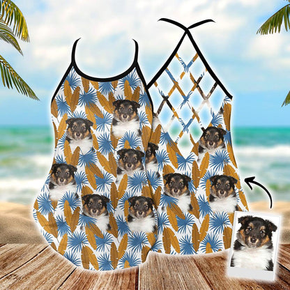 Customized Criss Cross Tank Top With Pet Face - Tropical Gold & Blue Leaves Open Back Tank Top - Gift For Women, Pet Lovers, Puppy Lovers - Amzanimalsgift