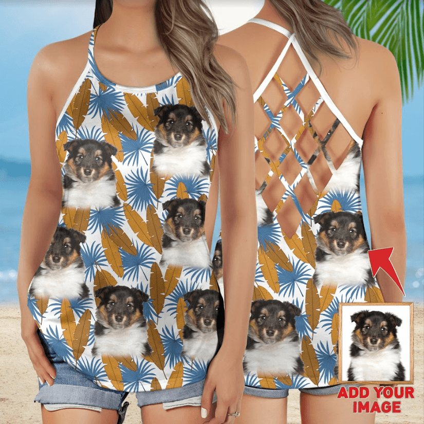Customized Criss Cross Tank Top With Pet Face - Tropical Gold & Blue Leaves Open Back Tank Top - Gift For Women, Pet Lovers, Puppy Lovers - Amzanimalsgift