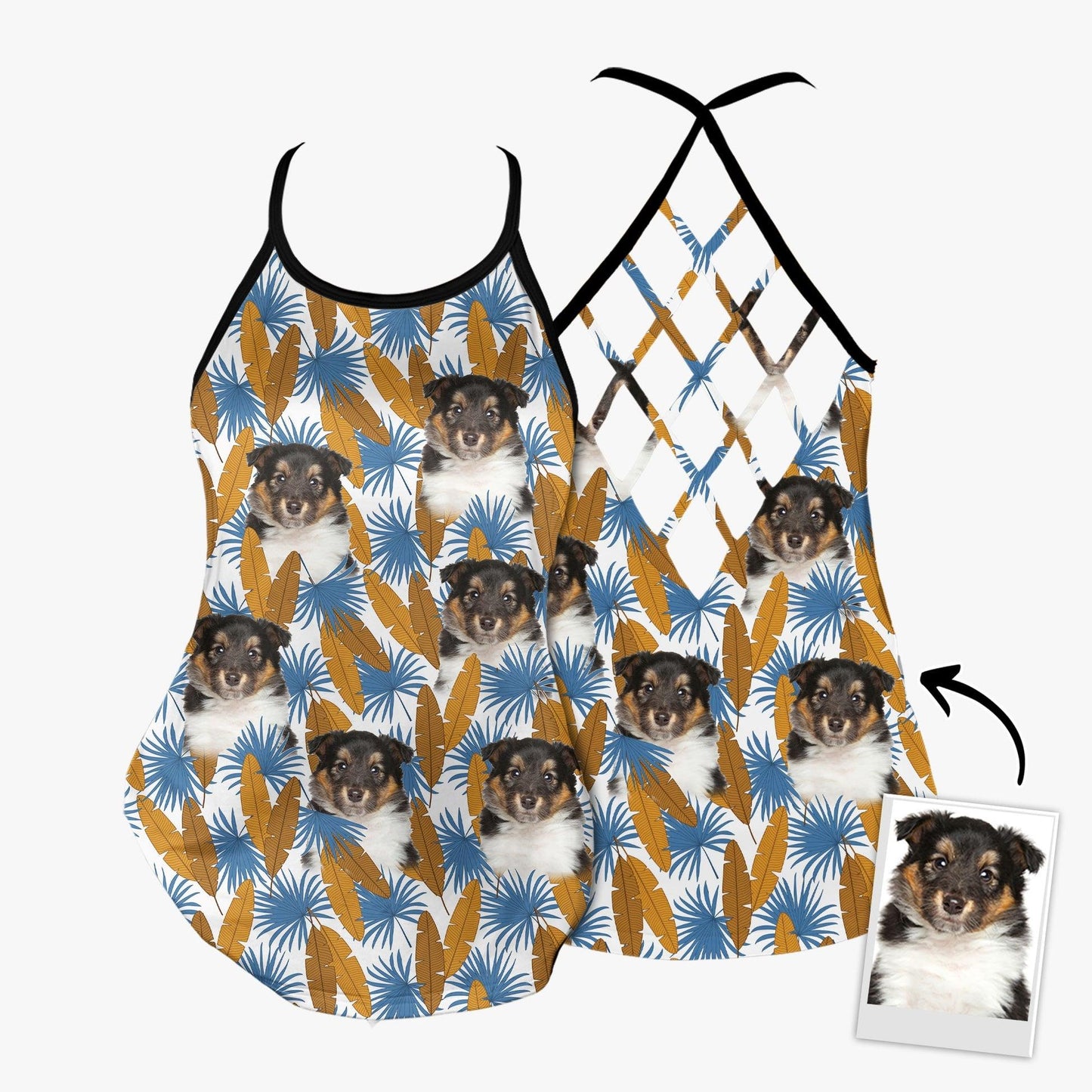 Customized Criss Cross Tank Top With Pet Face - Tropical Gold & Blue Leaves Open Back Tank Top - Gift For Women, Pet Lovers, Puppy Lovers - Amzanimalsgift