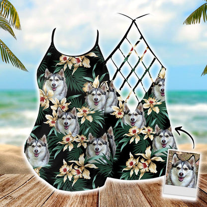 Customized Criss Cross Tank Top With Pet Face - Tropical Leaves & Flowers Pattern Dark Green Color Open Back Tank Top - Gift For Women, Pet Lovers - Amzanimalsgift