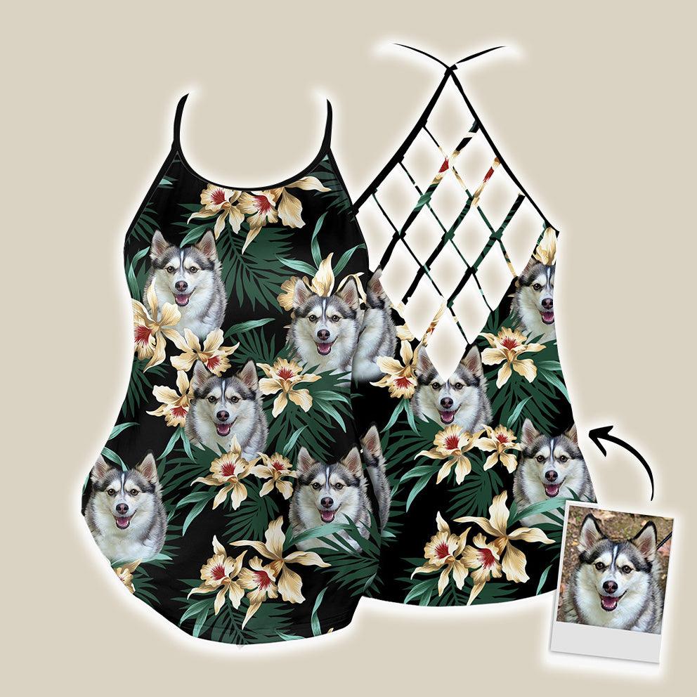 Customized Criss Cross Tank Top With Pet Face - Tropical Leaves & Flowers Pattern Dark Green Color Open Back Tank Top - Gift For Women, Pet Lovers - Amzanimalsgift