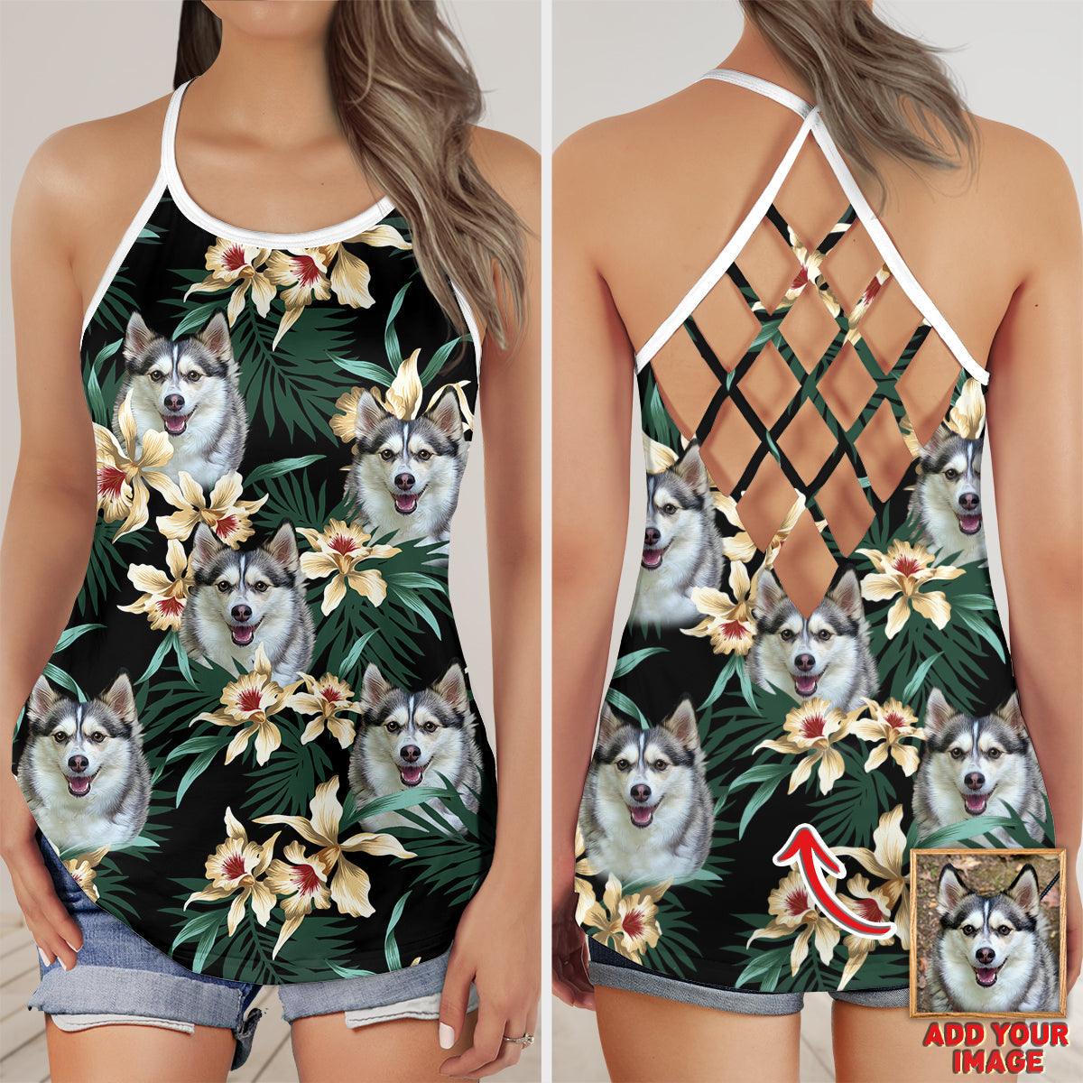 Customized Criss Cross Tank Top With Pet Face - Tropical Leaves & Flowers Pattern Dark Green Color Open Back Tank Top - Gift For Women, Pet Lovers - Amzanimalsgift