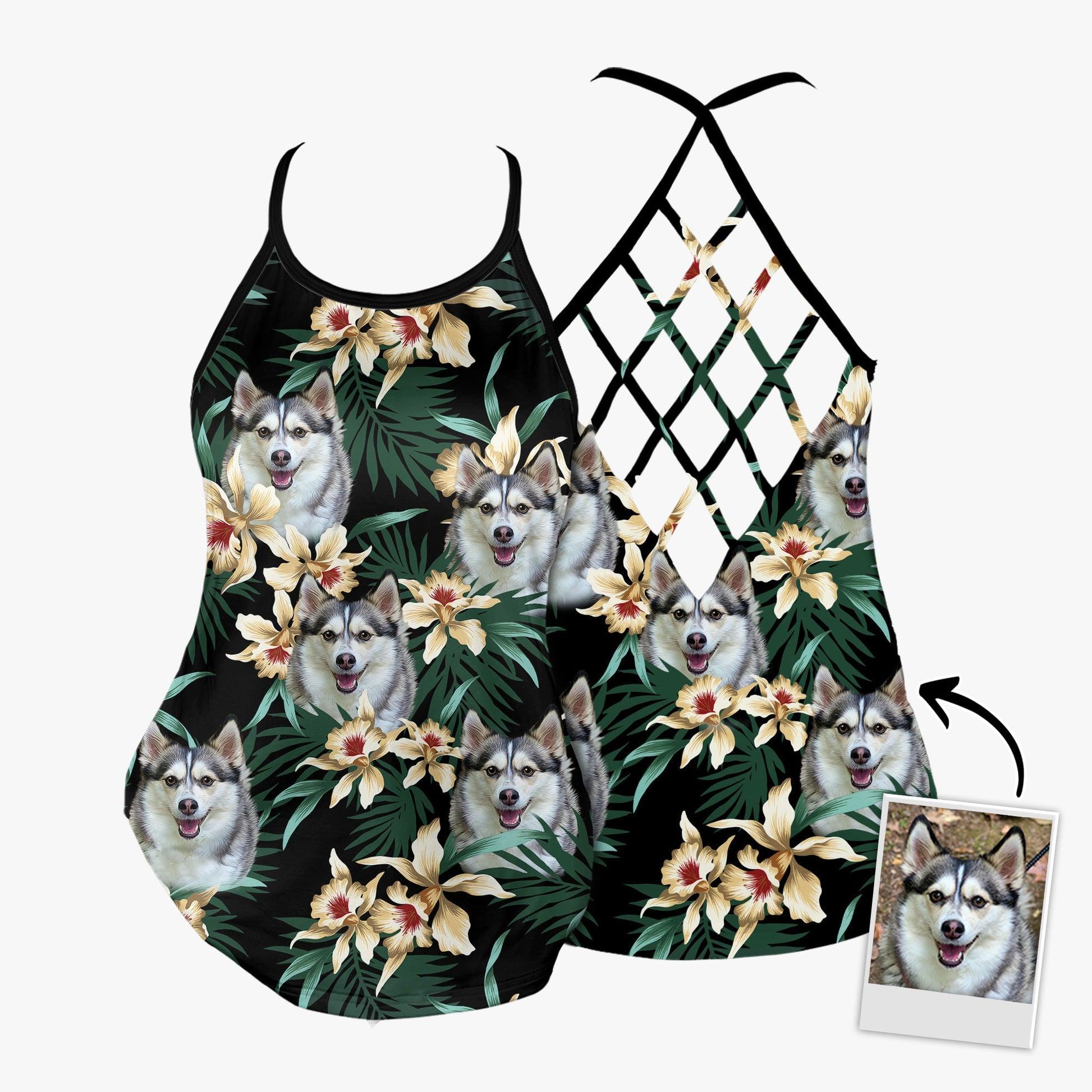 Customized Criss Cross Tank Top With Pet Face - Tropical Leaves & Flowers Pattern Dark Green Color Open Back Tank Top - Gift For Women, Pet Lovers - Amzanimalsgift