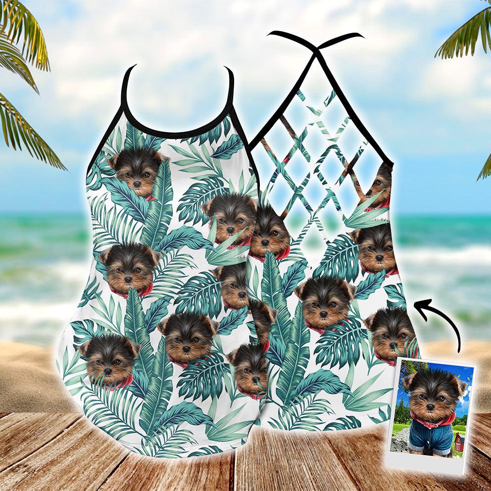 Customized Criss Cross Tank Top With Pet Face - Tropical Leaves Open Back Tank Top - Gift For Women, Pet Lovers, Puppy Lovers - Amzanimalsgift