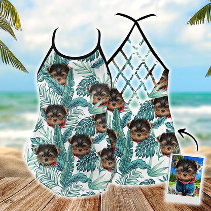 Customized Criss Cross Tank Top With Pet Face - Tropical Leaves Open Back Tank Top - Gift For Women, Pet Lovers, Puppy Lovers - Amzanimalsgift