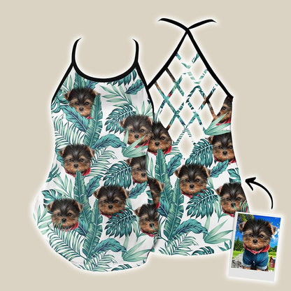 Customized Criss Cross Tank Top With Pet Face - Tropical Leaves Open Back Tank Top - Gift For Women, Pet Lovers, Puppy Lovers - Amzanimalsgift