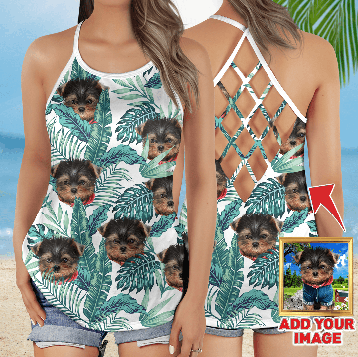 Customized Criss Cross Tank Top With Pet Face - Tropical Leaves Open Back Tank Top - Gift For Women, Pet Lovers, Puppy Lovers - Amzanimalsgift