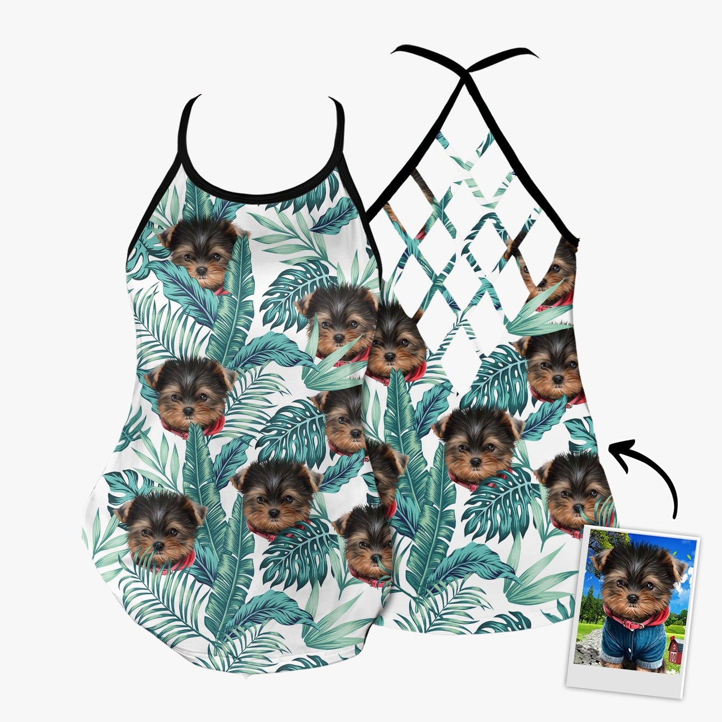 Customized Criss Cross Tank Top With Pet Face - Tropical Leaves Open Back Tank Top - Gift For Women, Pet Lovers, Puppy Lovers - Amzanimalsgift