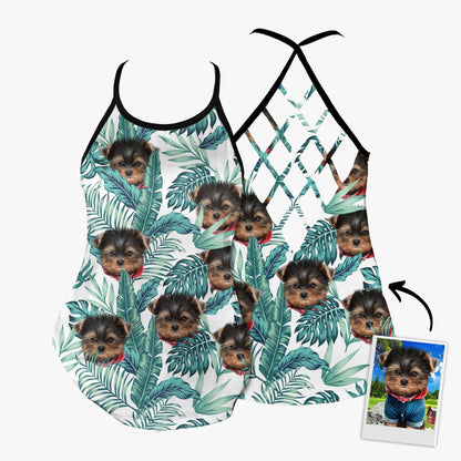 Customized Criss Cross Tank Top With Pet Face - Tropical Leaves Open Back Tank Top - Gift For Women, Pet Lovers, Puppy Lovers - Amzanimalsgift