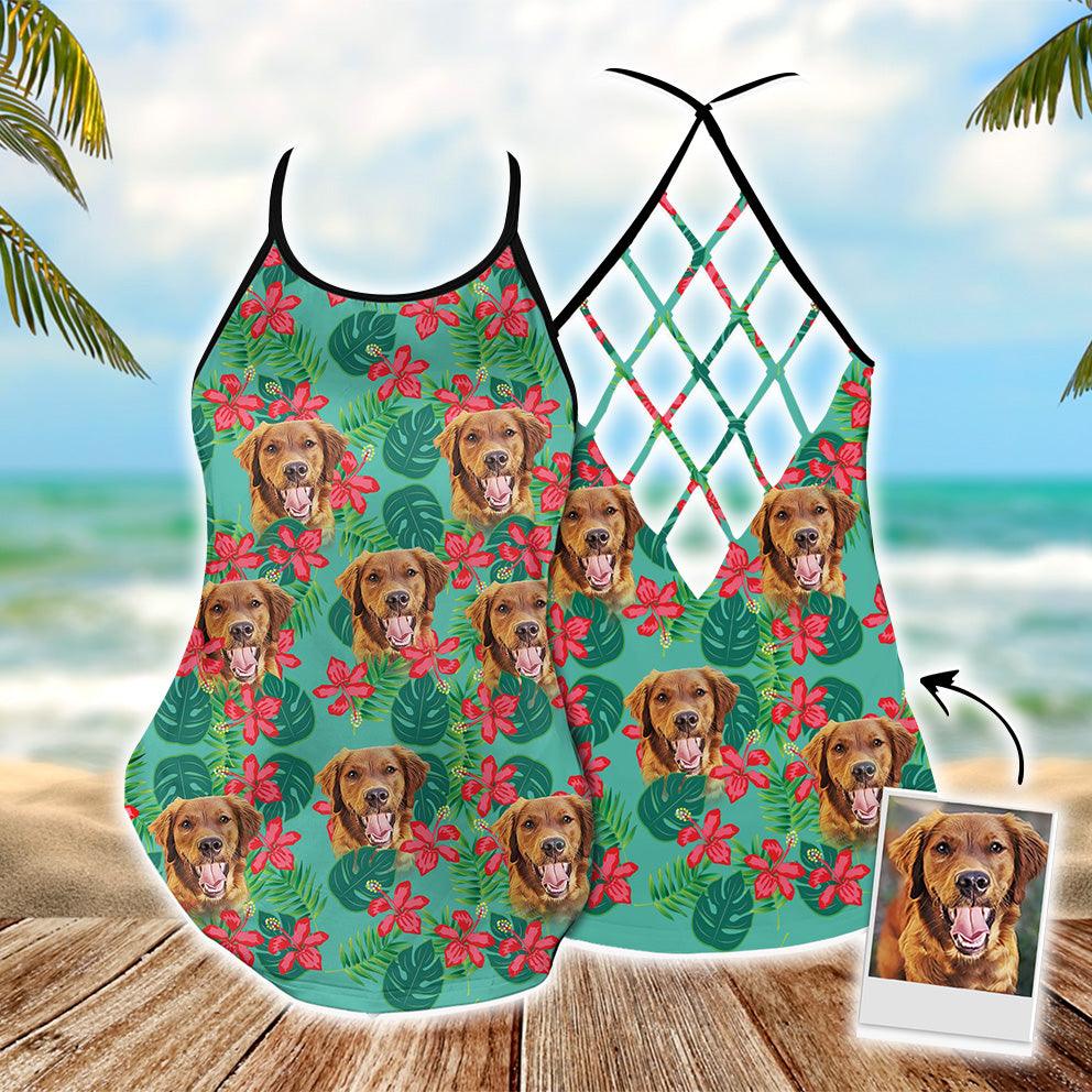 Customized Criss Cross Tank Top With Pet Face - Tropical Monstera Leaves & Flowers Pattern Mint Color Open Back Tank Top - Gift For Women, Pet Lovers - Amzanimalsgift