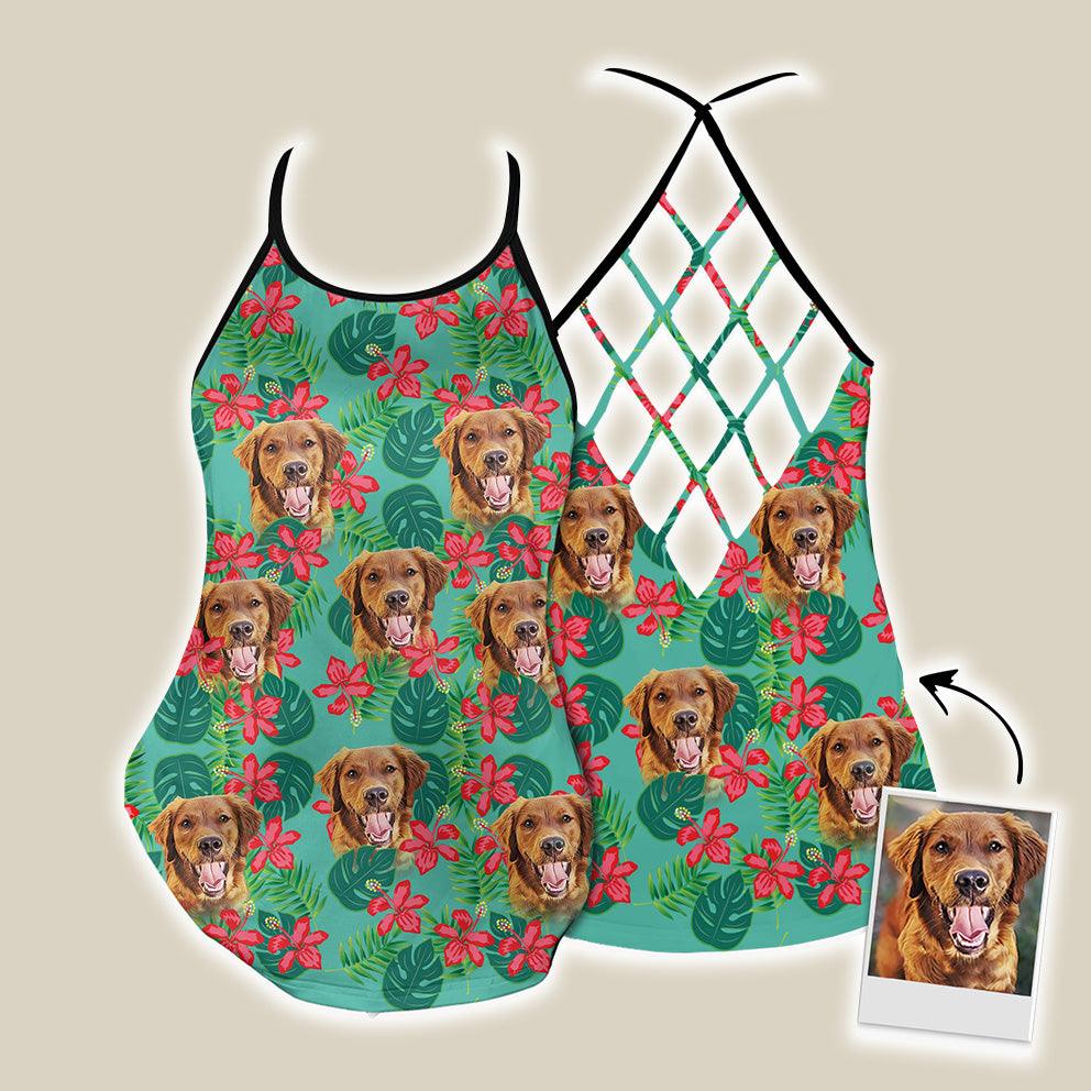 Customized Criss Cross Tank Top With Pet Face - Tropical Monstera Leaves & Flowers Pattern Mint Color Open Back Tank Top - Gift For Women, Pet Lovers - Amzanimalsgift
