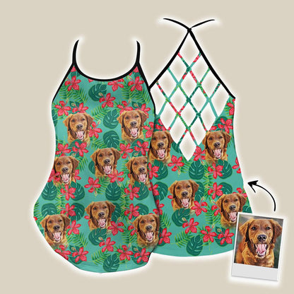 Customized Criss Cross Tank Top With Pet Face - Tropical Monstera Leaves & Flowers Pattern Mint Color Open Back Tank Top - Gift For Women, Pet Lovers - Amzanimalsgift