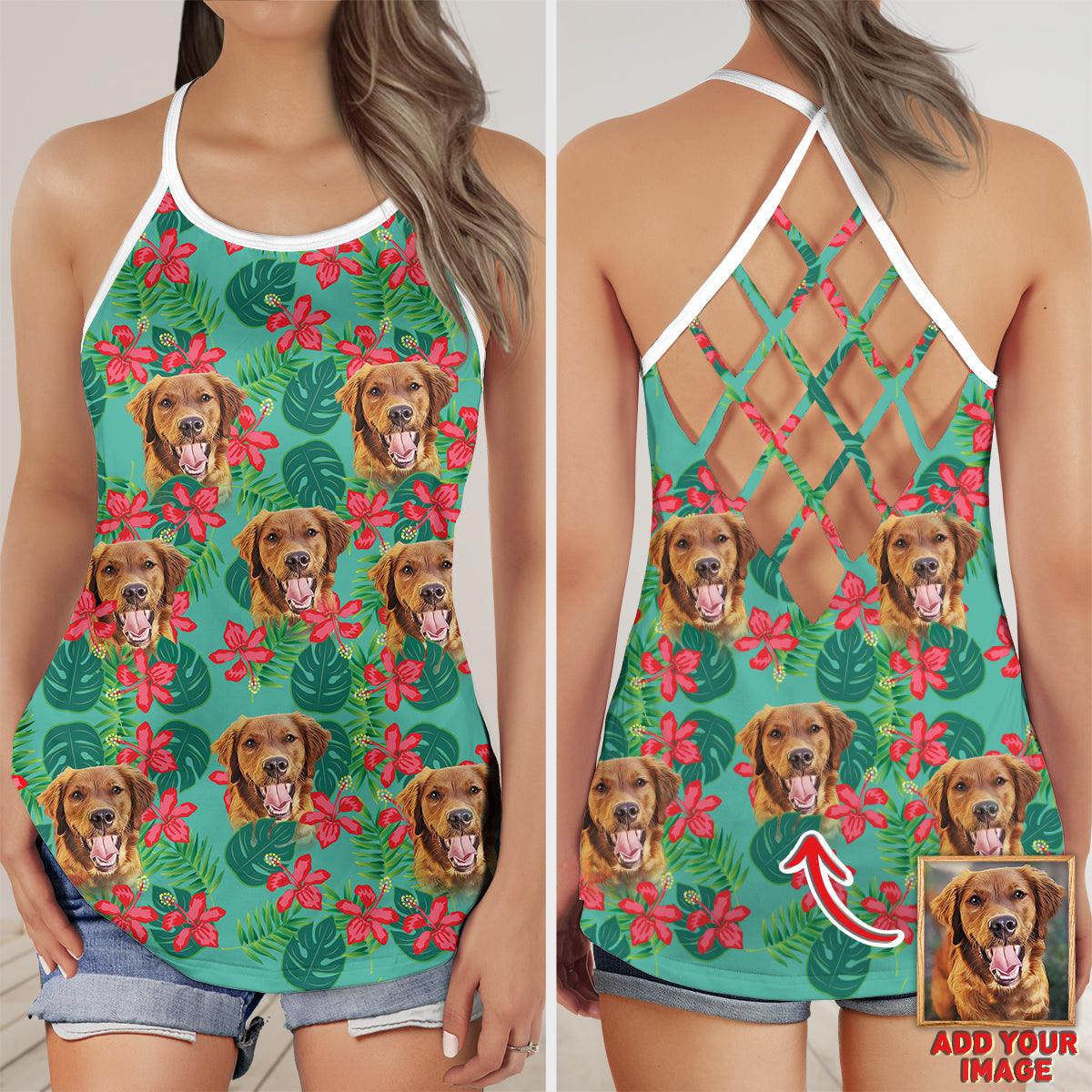 Customized Criss Cross Tank Top With Pet Face - Tropical Monstera Leaves & Flowers Pattern Mint Color Open Back Tank Top - Gift For Women, Pet Lovers - Amzanimalsgift
