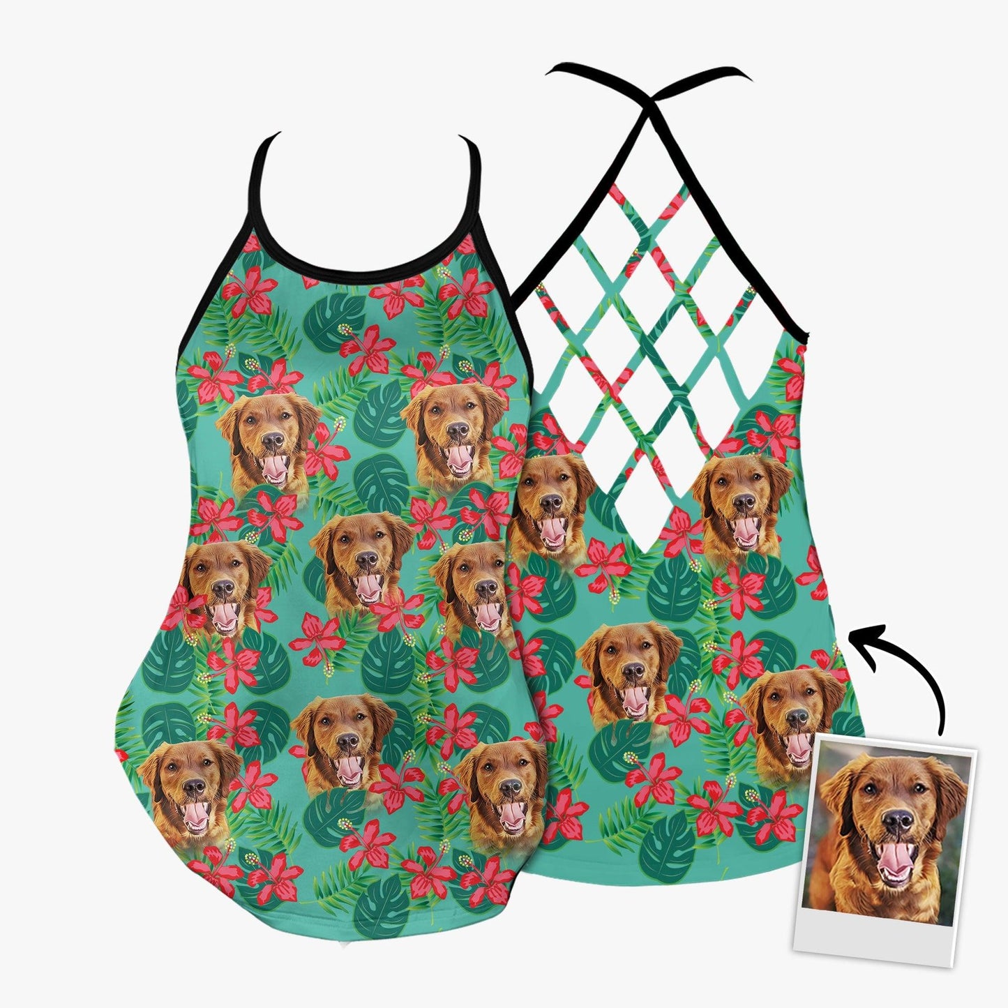Customized Criss Cross Tank Top With Pet Face - Tropical Monstera Leaves & Flowers Pattern Mint Color Open Back Tank Top - Gift For Women, Pet Lovers - Amzanimalsgift