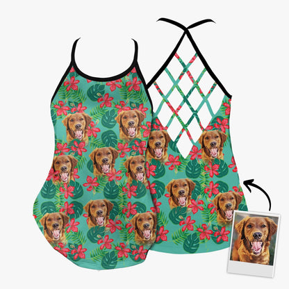 Customized Criss Cross Tank Top With Pet Face - Tropical Monstera Leaves & Flowers Pattern Mint Color Open Back Tank Top - Gift For Women, Pet Lovers - Amzanimalsgift