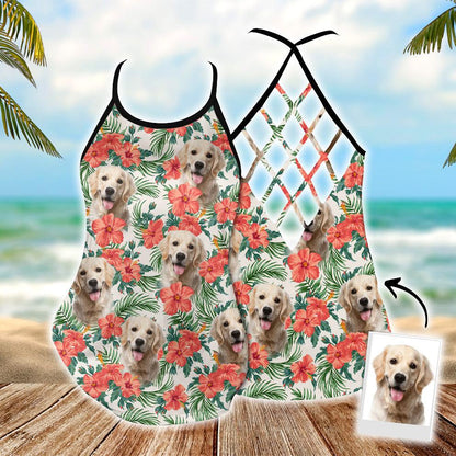 Customized Criss Cross Tank Top With Pet Face - Tropical Summer Red Flower Leave Pattern Criss Cross Open Back Tank Top - Gift For Women, Pet Lovers - Amzanimalsgift