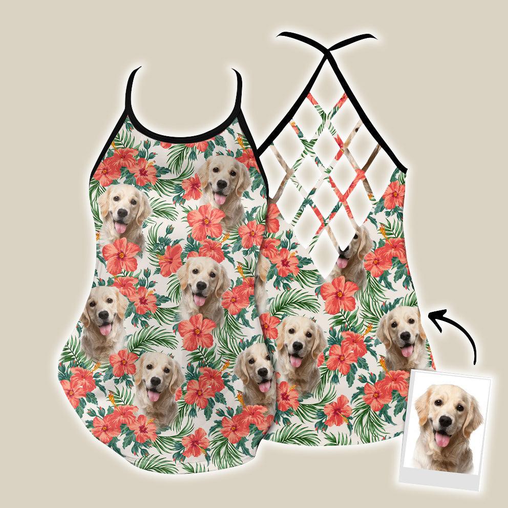 Customized Criss Cross Tank Top With Pet Face - Tropical Summer Red Flower Leave Pattern Criss Cross Open Back Tank Top - Gift For Women, Pet Lovers - Amzanimalsgift