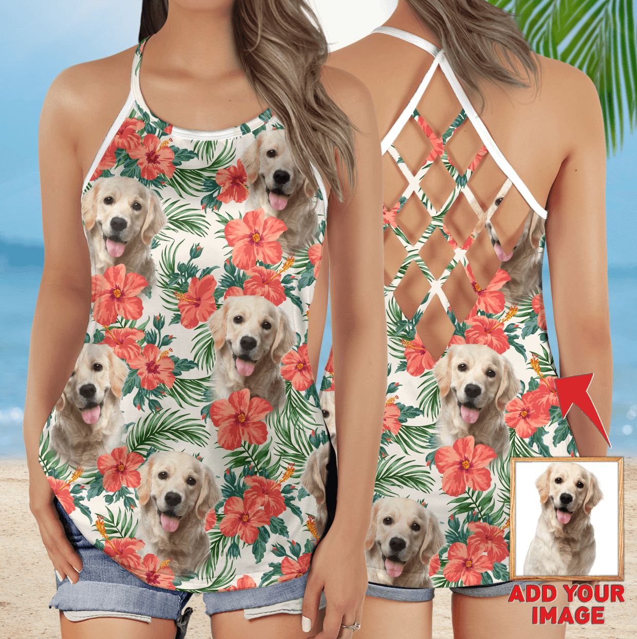 Customized Criss Cross Tank Top With Pet Face - Tropical Summer Red Flower Leave Pattern Criss Cross Open Back Tank Top - Gift For Women, Pet Lovers - Amzanimalsgift