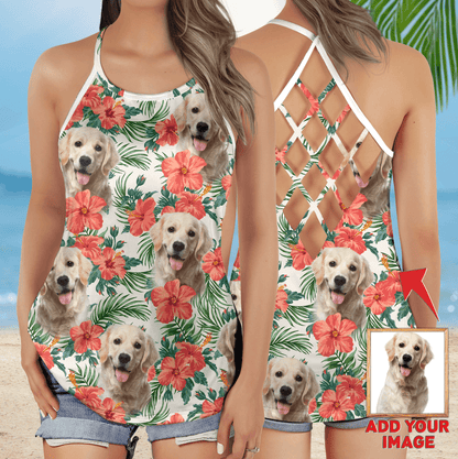 Customized Criss Cross Tank Top With Pet Face - Tropical Summer Red Flower Leave Pattern Criss Cross Open Back Tank Top - Gift For Women, Pet Lovers - Amzanimalsgift