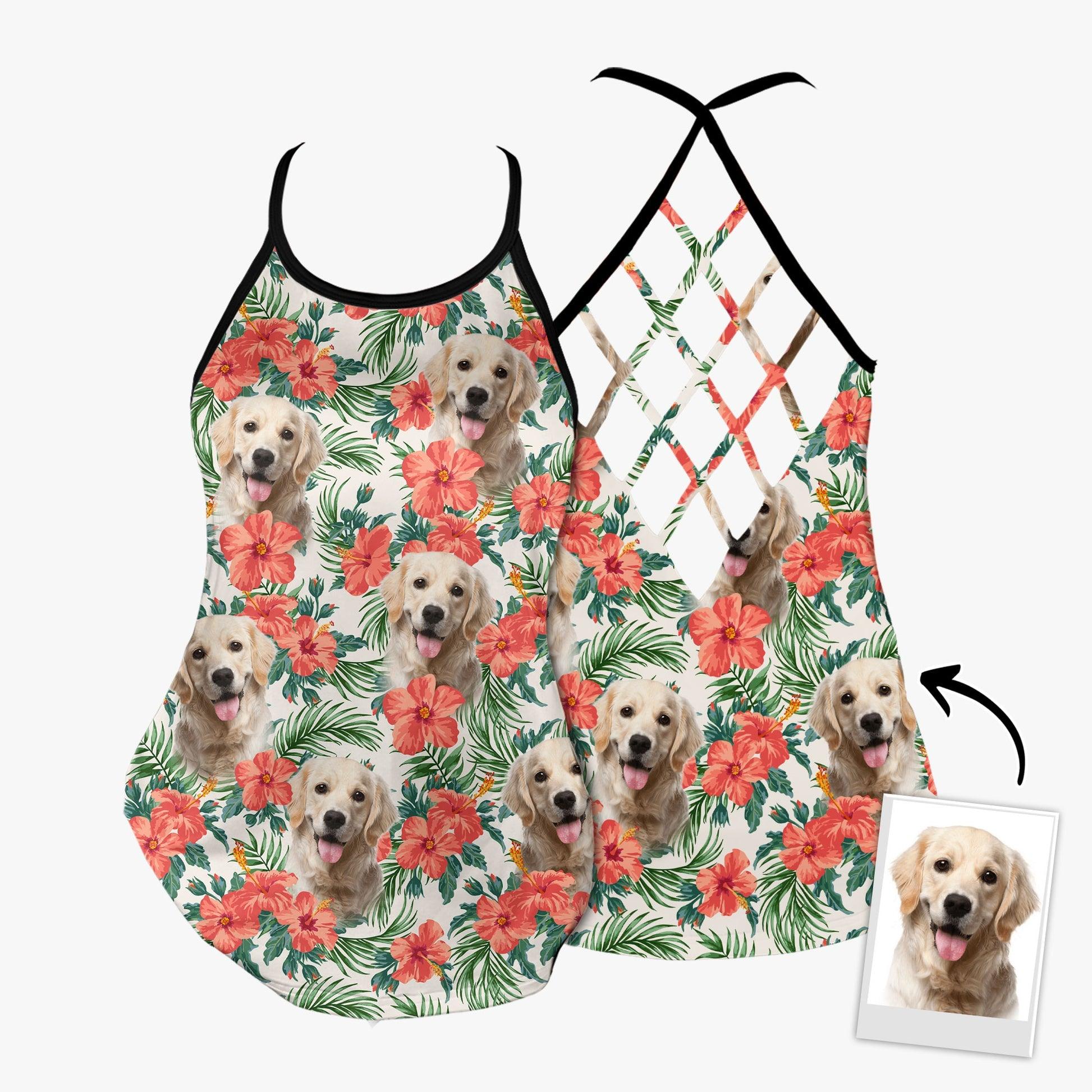 Customized Criss Cross Tank Top With Pet Face - Tropical Summer Red Flower Leave Pattern Criss Cross Open Back Tank Top - Gift For Women, Pet Lovers - Amzanimalsgift