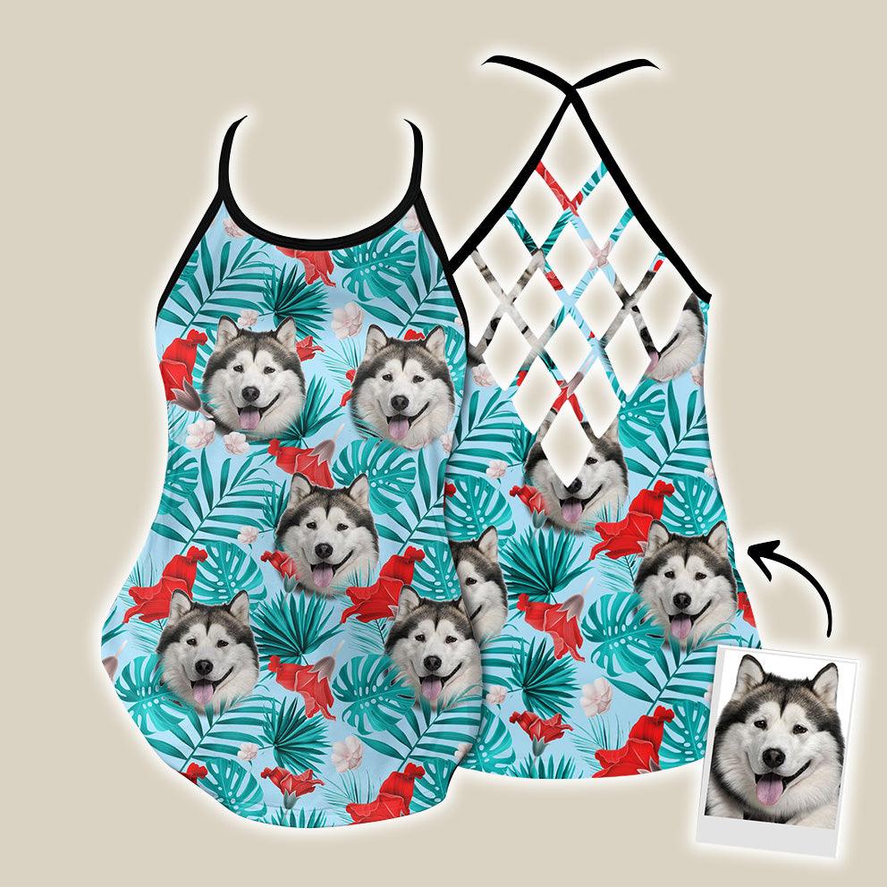 Customized Criss Cross Tank Top With Pet Face - Tropical Summer, Red Hibiscus Flowers Open Back Tank Top - Gift For Women, Pet Lovers - Amzanimalsgift