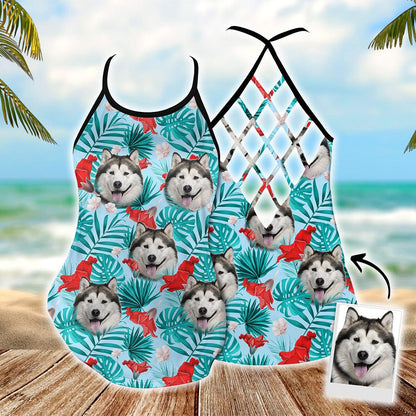 Customized Criss Cross Tank Top With Pet Face - Tropical Summer, Red Hibiscus Flowers Open Back Tank Top - Gift For Women, Pet Lovers - Amzanimalsgift