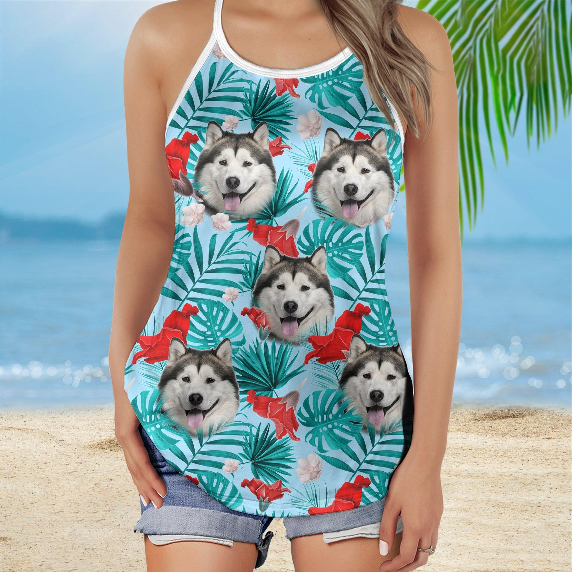 Customized Criss Cross Tank Top With Pet Face - Tropical Summer, Red Hibiscus Flowers Open Back Tank Top - Gift For Women, Pet Lovers - Amzanimalsgift