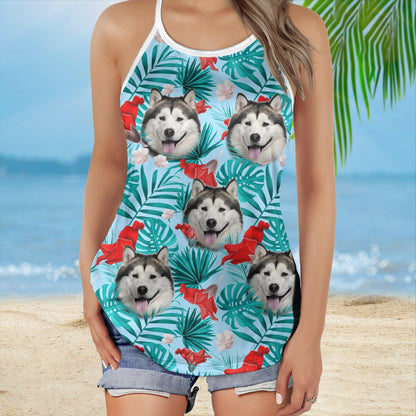 Customized Criss Cross Tank Top With Pet Face - Tropical Summer, Red Hibiscus Flowers Open Back Tank Top - Gift For Women, Pet Lovers - Amzanimalsgift