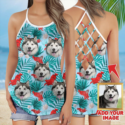 Customized Criss Cross Tank Top With Pet Face - Tropical Summer, Red Hibiscus Flowers Open Back Tank Top - Gift For Women, Pet Lovers - Amzanimalsgift