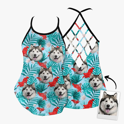 Customized Criss Cross Tank Top With Pet Face - Tropical Summer, Red Hibiscus Flowers Open Back Tank Top - Gift For Women, Pet Lovers - Amzanimalsgift