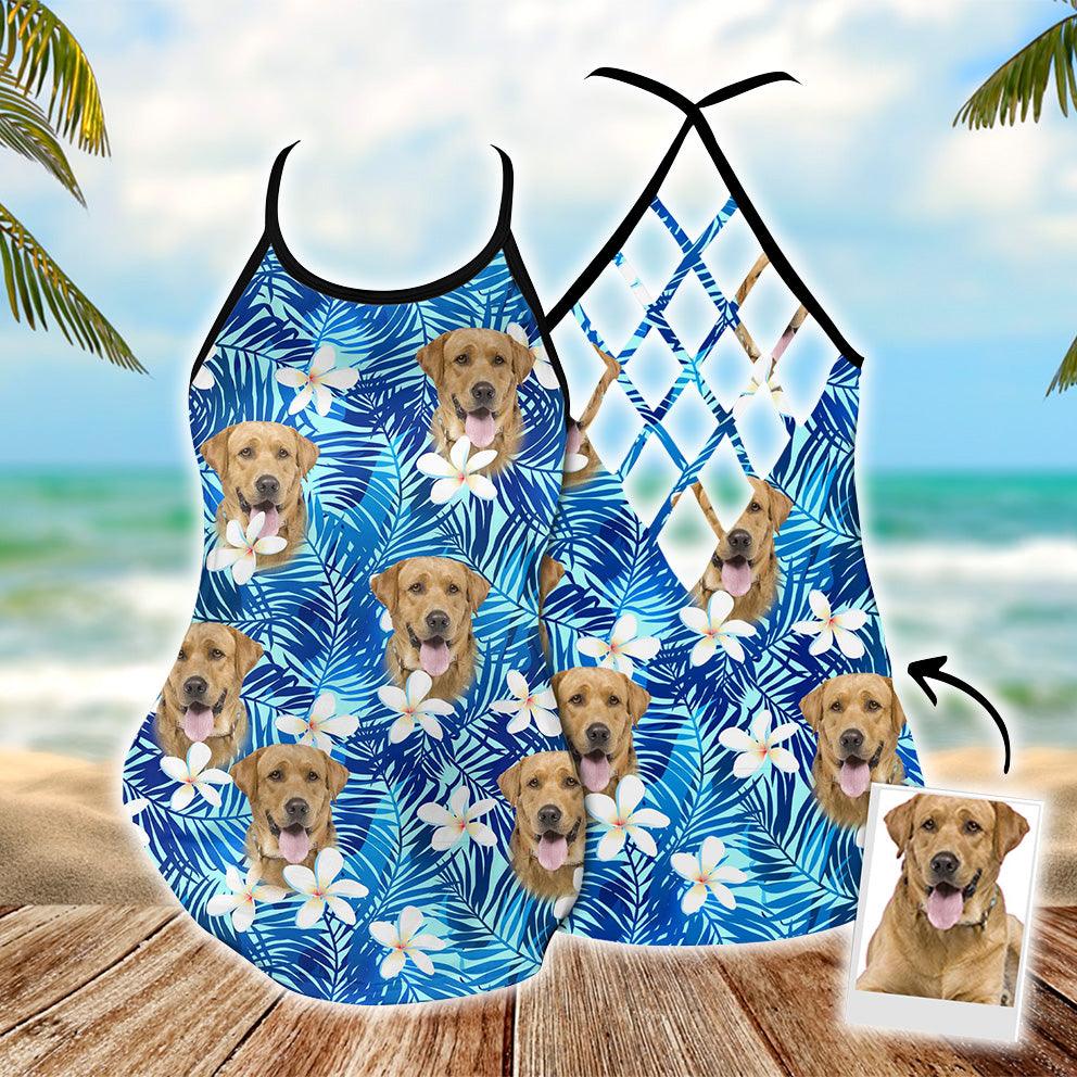 Customized Criss Cross Tank Top With Pet Face - Tropical Summer White Plumeria, Leaves Criss Cross Open Back Tank Top - Gift For Women, Pet Lovers - Amzanimalsgift