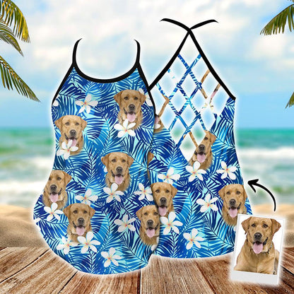 Customized Criss Cross Tank Top With Pet Face - Tropical Summer White Plumeria, Leaves Criss Cross Open Back Tank Top - Gift For Women, Pet Lovers - Amzanimalsgift