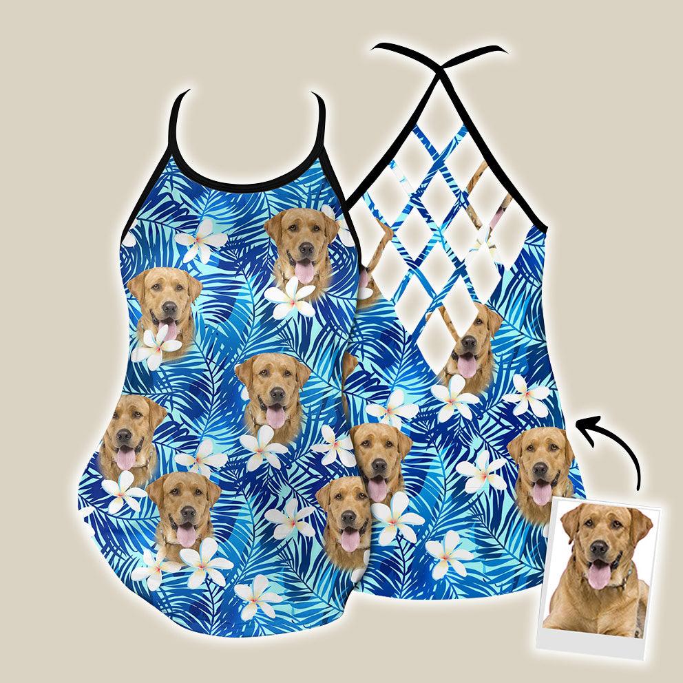 Customized Criss Cross Tank Top With Pet Face - Tropical Summer White Plumeria, Leaves Criss Cross Open Back Tank Top - Gift For Women, Pet Lovers - Amzanimalsgift