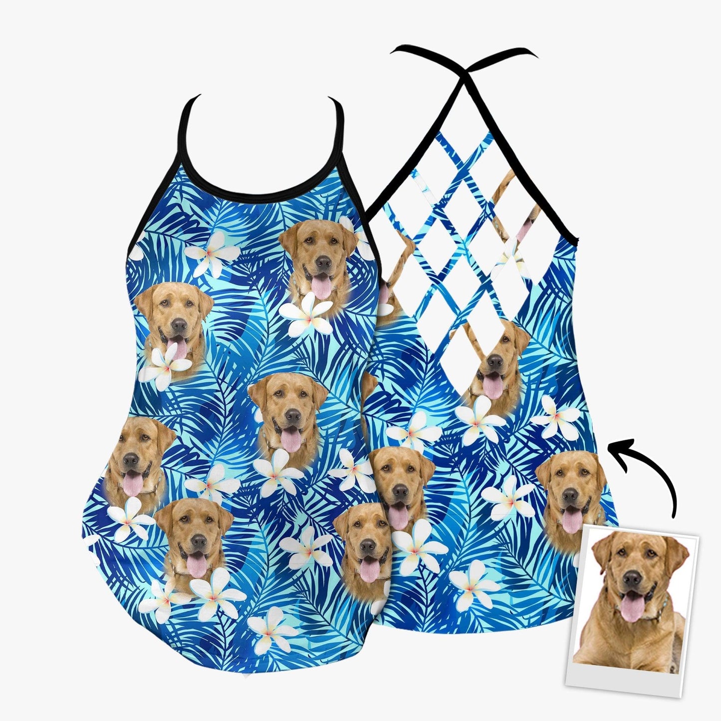 Customized Criss Cross Tank Top With Pet Face - Tropical Summer White Plumeria, Leaves Criss Cross Open Back Tank Top - Gift For Women, Pet Lovers - Amzanimalsgift