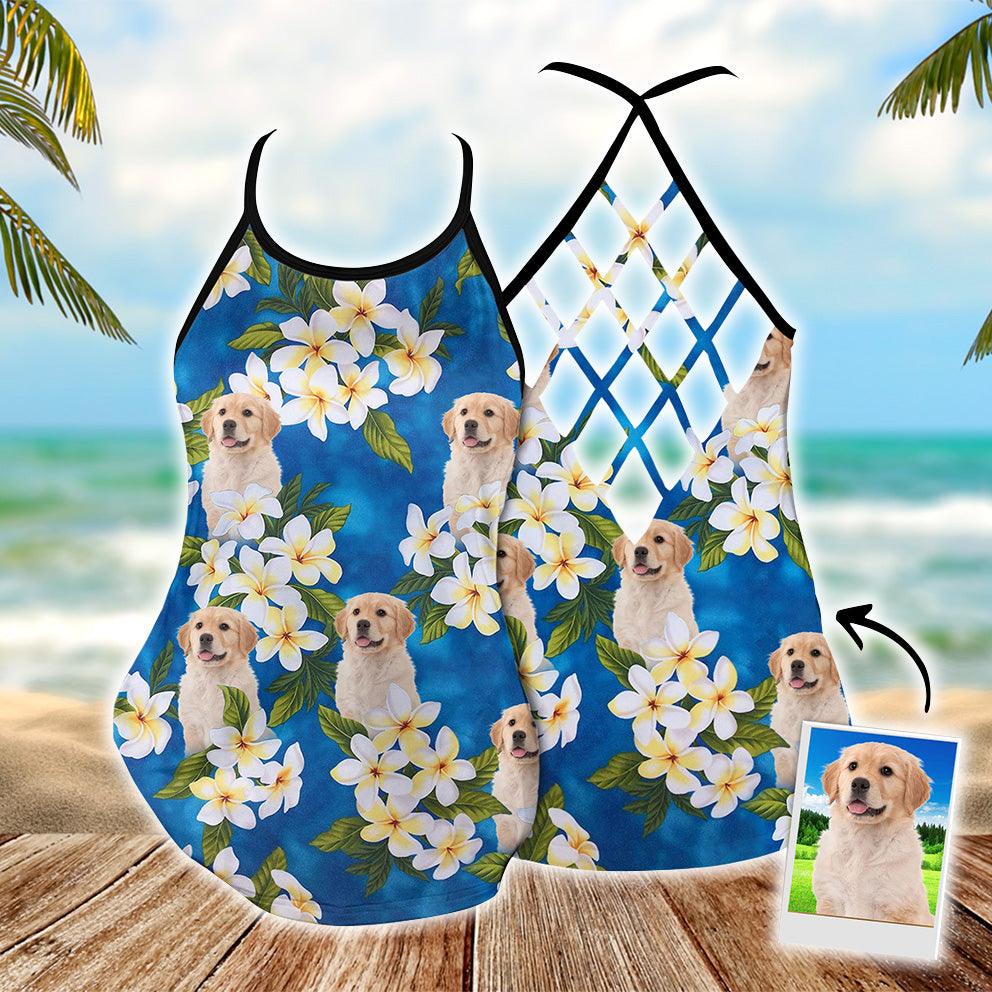 Customized Criss Cross Tank Top With Pet Face - White Plumeria Bouquet On Turquoise Sea Blue Color Open Back Tank Top - Gift For Women, Pet Lovers - Amzanimalsgift