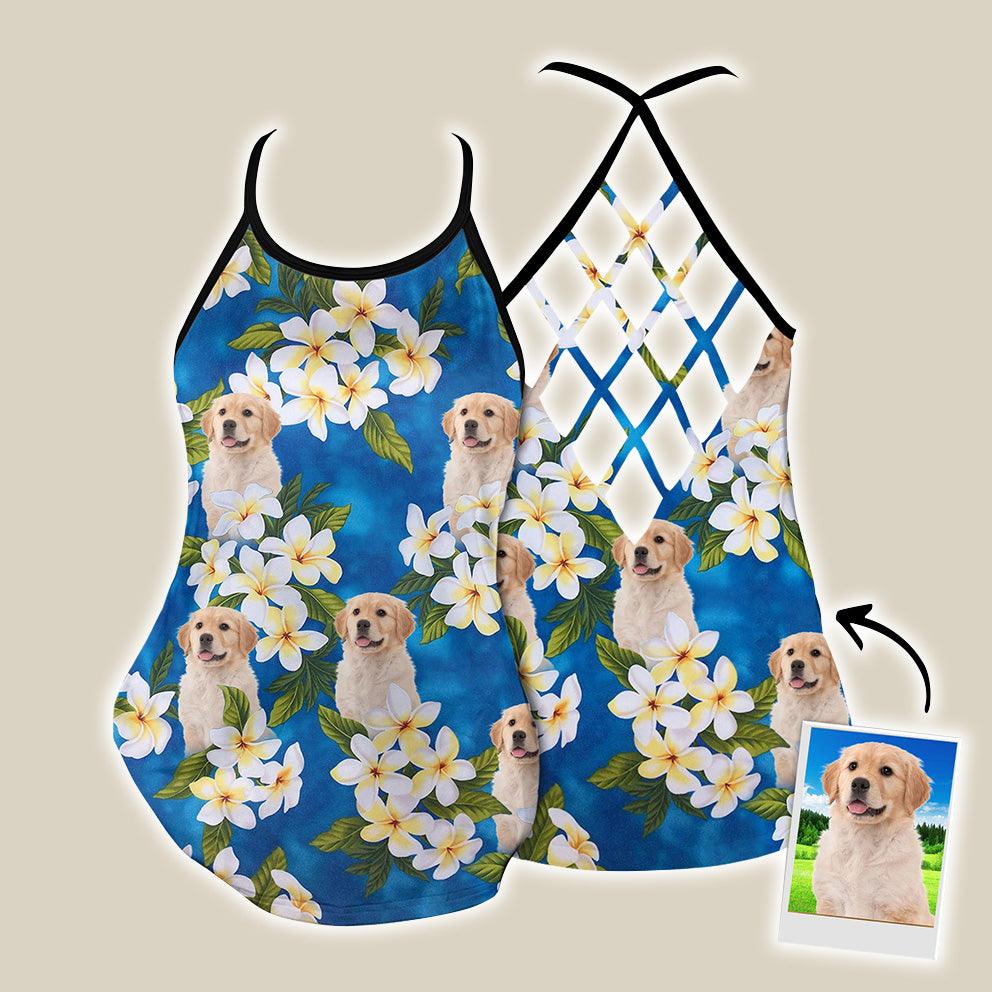 Customized Criss Cross Tank Top With Pet Face - White Plumeria Bouquet On Turquoise Sea Blue Color Open Back Tank Top - Gift For Women, Pet Lovers - Amzanimalsgift