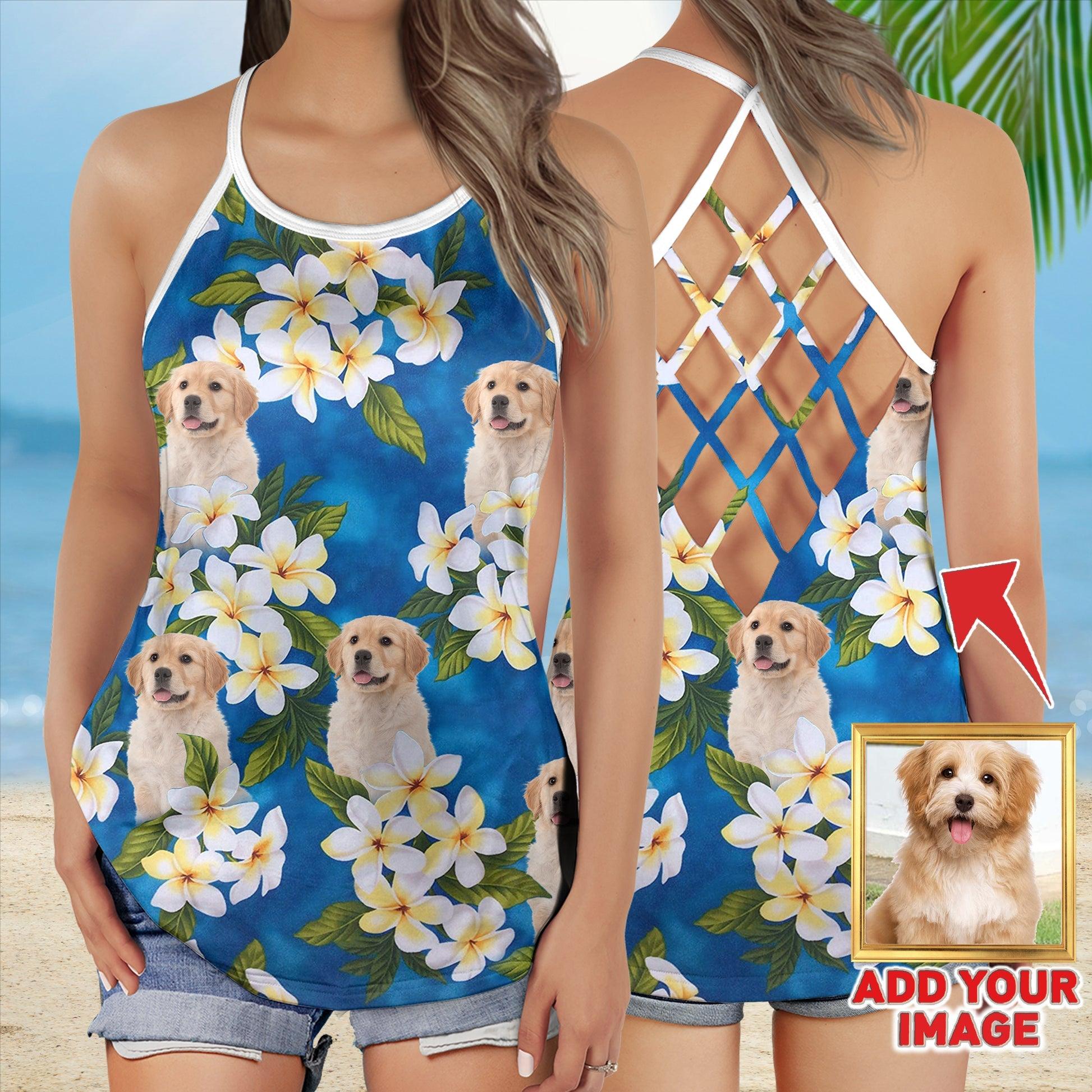 Customized Criss Cross Tank Top With Pet Face - White Plumeria Bouquet On Turquoise Sea Blue Color Open Back Tank Top - Gift For Women, Pet Lovers - Amzanimalsgift