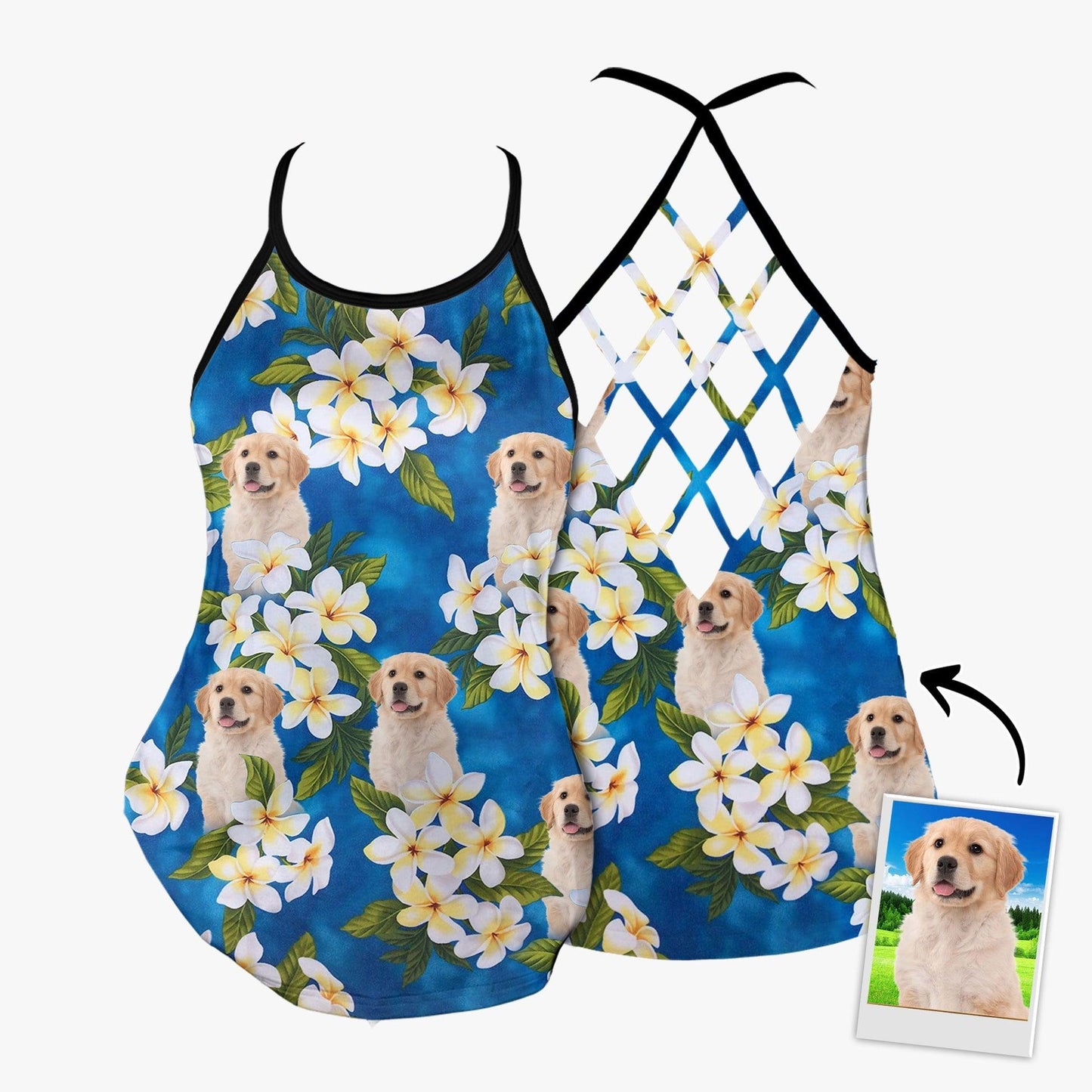 Customized Criss Cross Tank Top With Pet Face - White Plumeria Bouquet On Turquoise Sea Blue Color Open Back Tank Top - Gift For Women, Pet Lovers - Amzanimalsgift