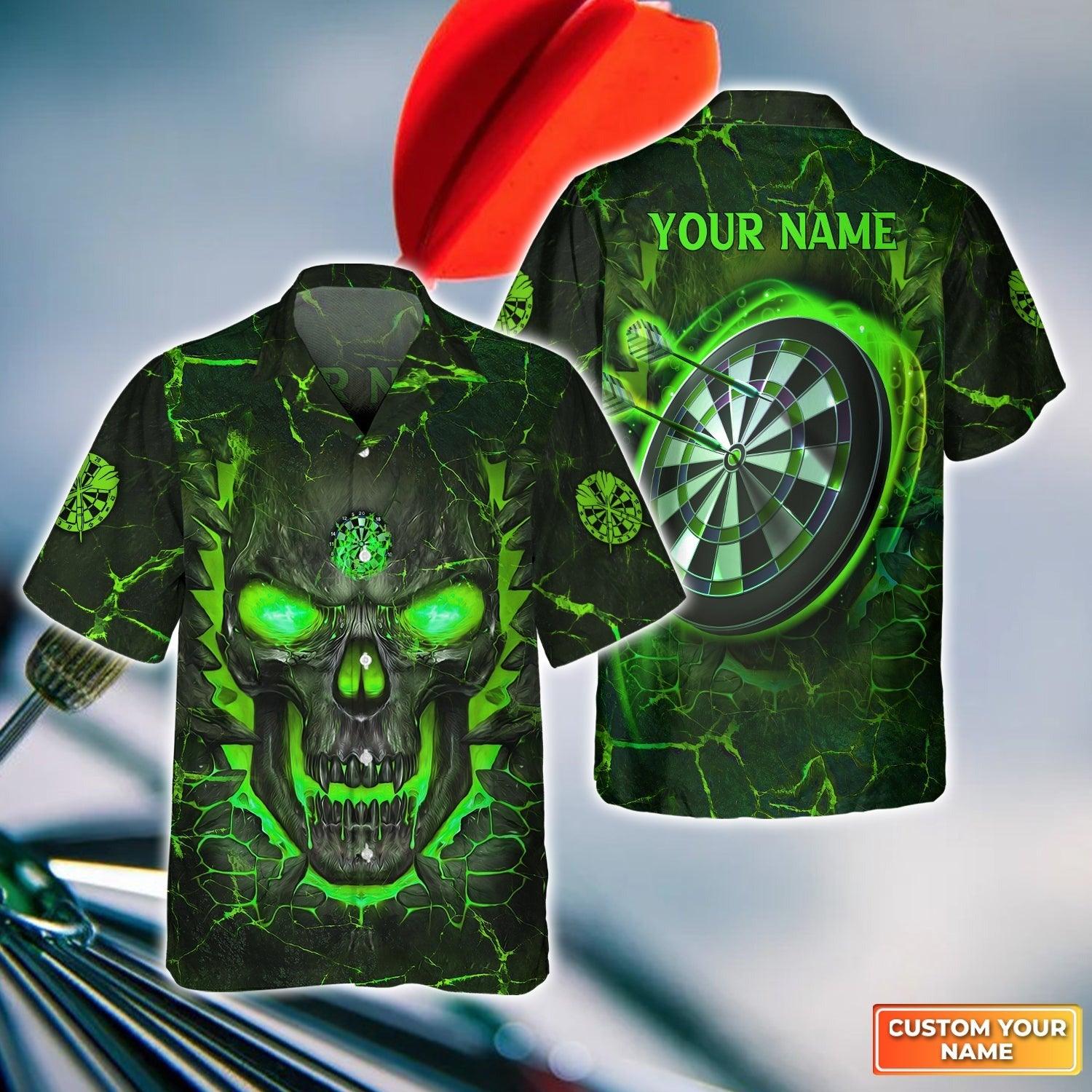 Customized Darts Aloha Hawaiian Shirt, Flame Green Skull Dartboard Personalized Name Hawaiian Shirt For Men & Women, Darts Lover - Amzanimalsgift