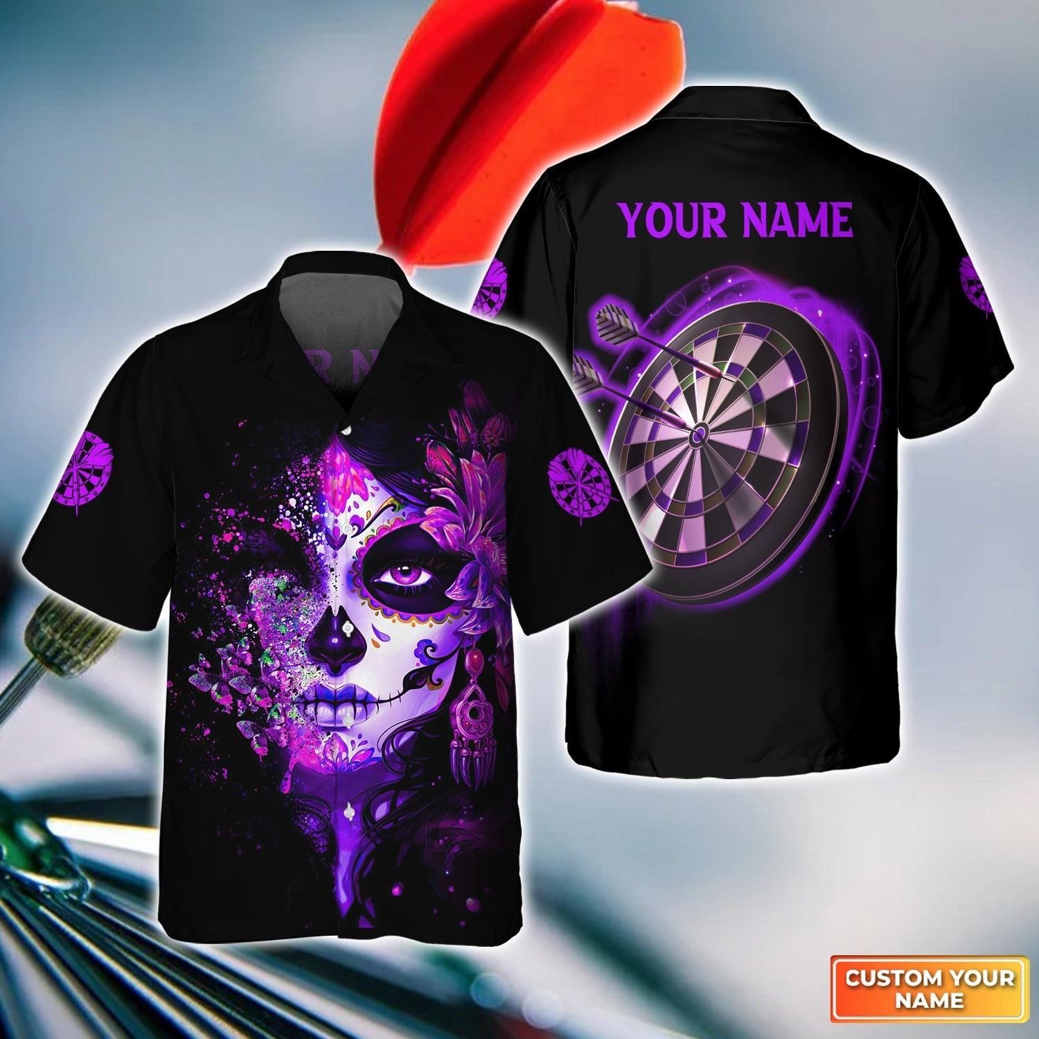 Customized Darts Aloha Hawaiian Shirt, Sugar Skull Girl Butterfly Hawaiian Shirt, Purple Skull Girl Personalized Name Hawaiian Shirt For Darts Lover - Amzanimalsgift